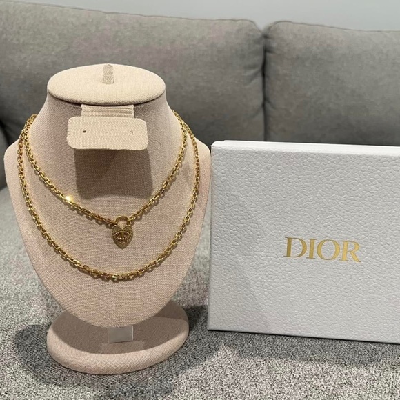 Dior double chain necklace  gold color with heart lock - Picture 1 of 5